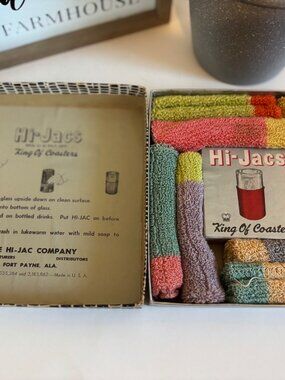 Vintage Hi-Jacs King Of Coasters Assorted Fabric Coasters Original Box of 8 Styl